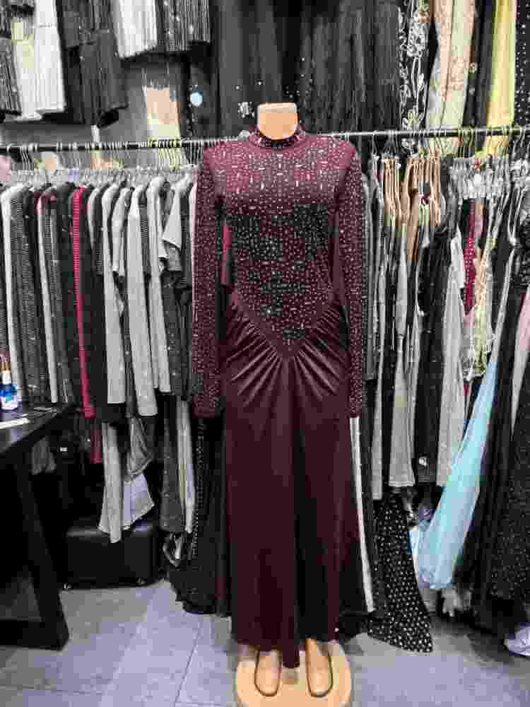 TWOTWINSTYLE High Neck Rhinestone Mesh Spliced Ruched Midi Dress