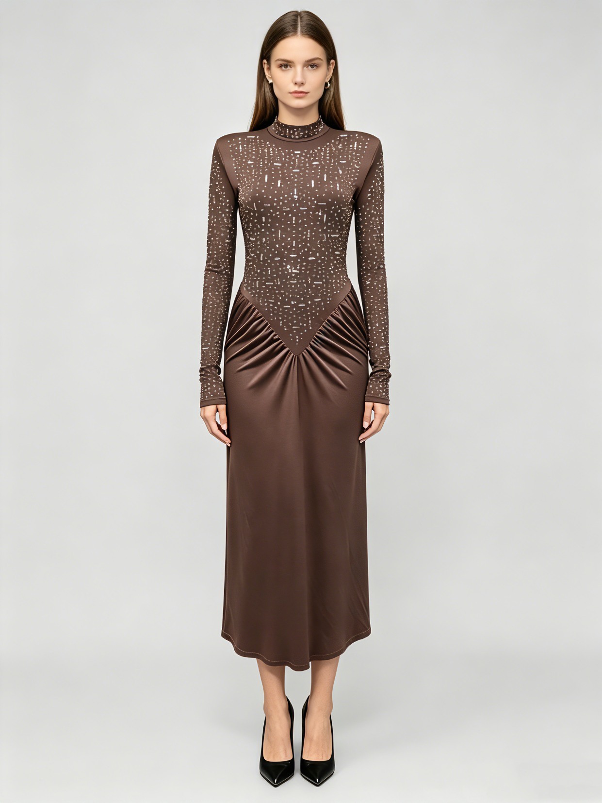 TWOTWINSTYLE High Neck Rhinestone Mesh Spliced Ruched Midi Dress