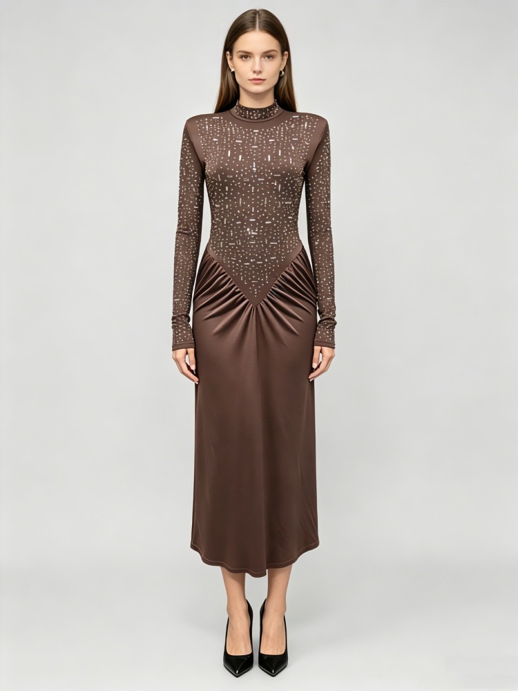 TWOTWINSTYLE High Neck Rhinestone Mesh Spliced Ruched Midi Dress