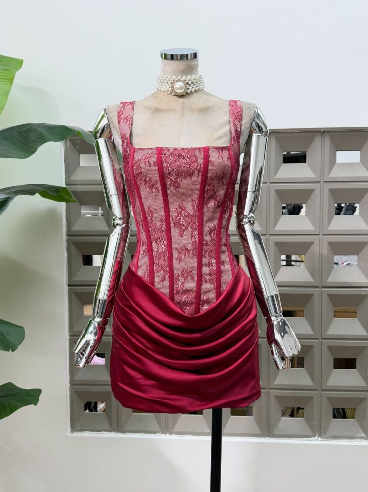 TWOTWINSTYLE Lace Corset Ruched Satin Bodycon Mini Dress