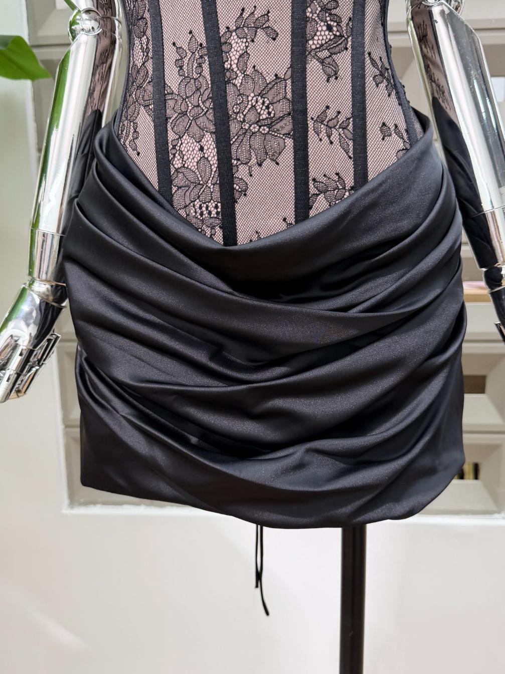 TWOTWINSTYLE Lace Corset Ruched Satin Bodycon Mini Dress