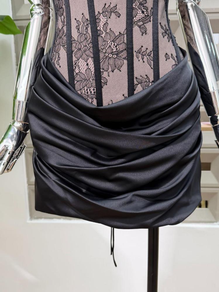 TWOTWINSTYLE Lace Corset Ruched Satin Bodycon Mini Dress