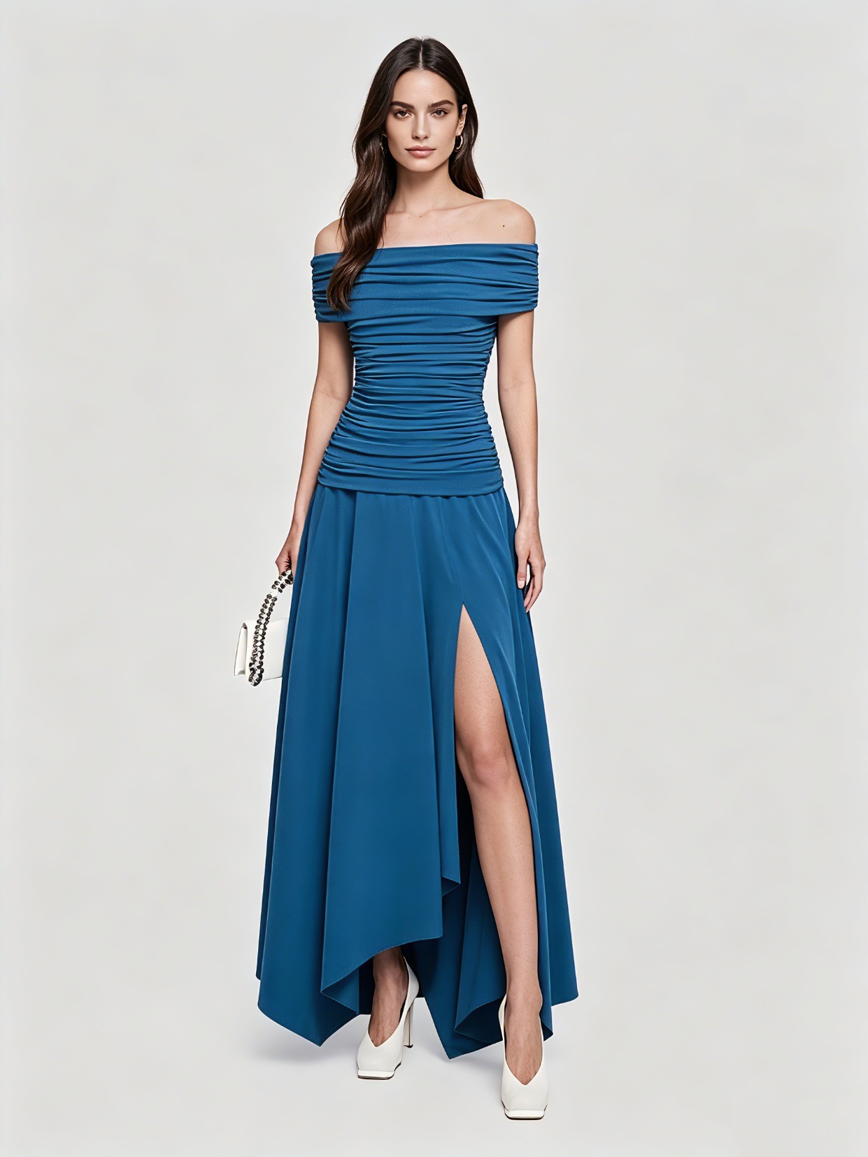 TWOTWINSTYLE Off Shoulder Ruched High Slit Irregular Fashion Maxi Dress
