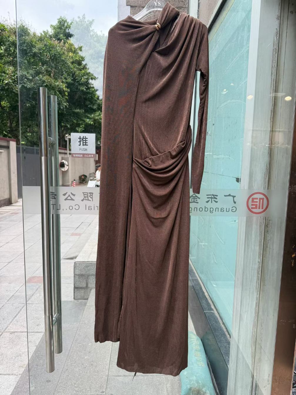 TWOTWINSTYLE Solid Cape Sleeve Cutout High Slit Bodycon Maxi Dress