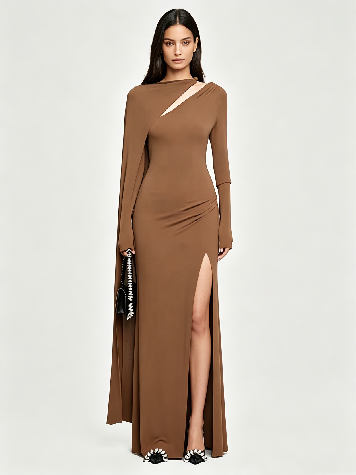 TWOTWINSTYLE Solid Cape Sleeve Cutout High Slit Bodycon Maxi Dress