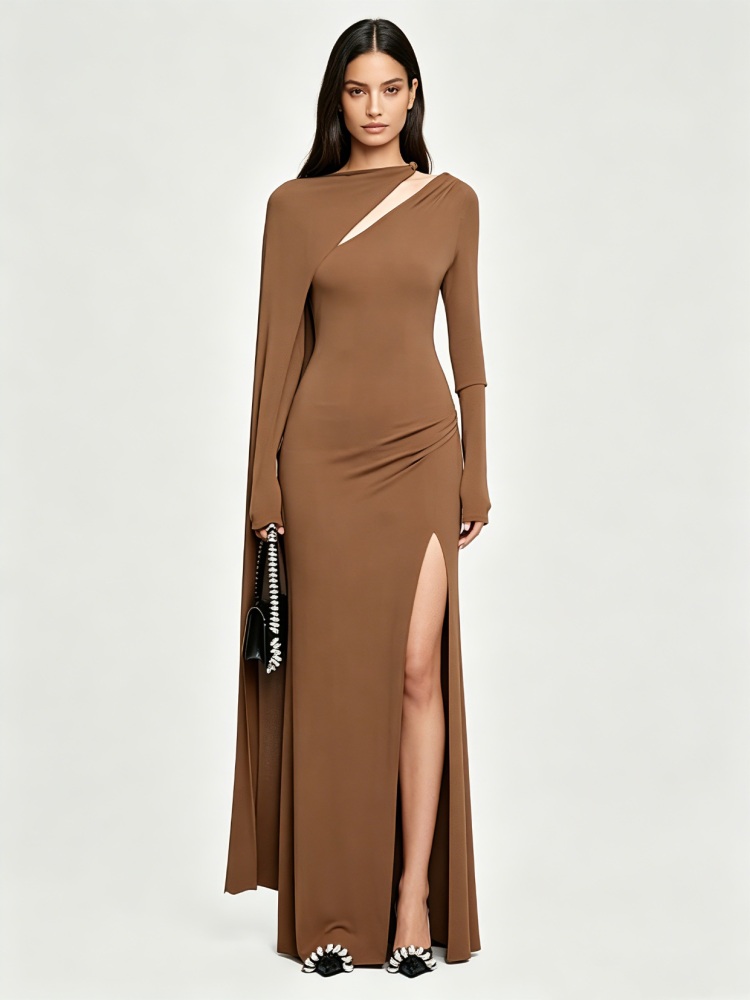 TWOTWINSTYLE Solid Cape Sleeve Cutout High Slit Bodycon Maxi Dress