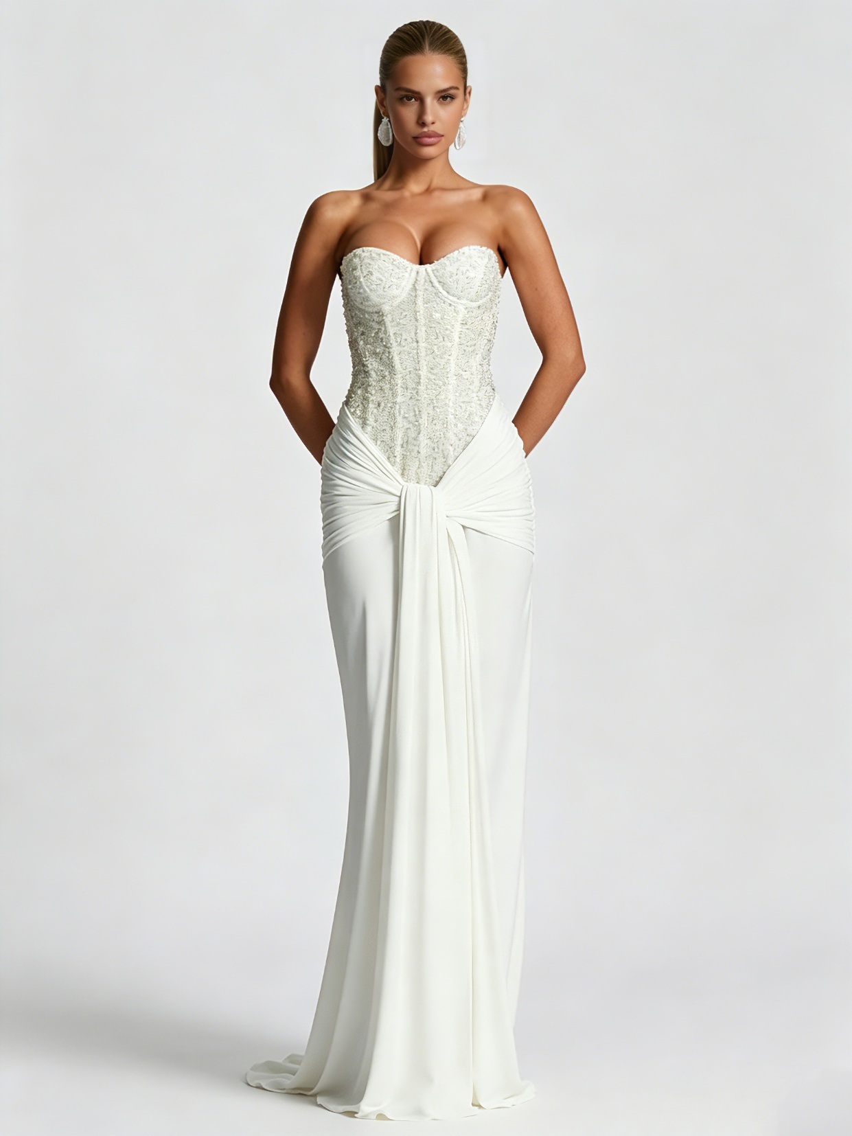 TWOTWINSTYLE Strapless Patchwork Rhinestone Corset Knotted Chic Dress