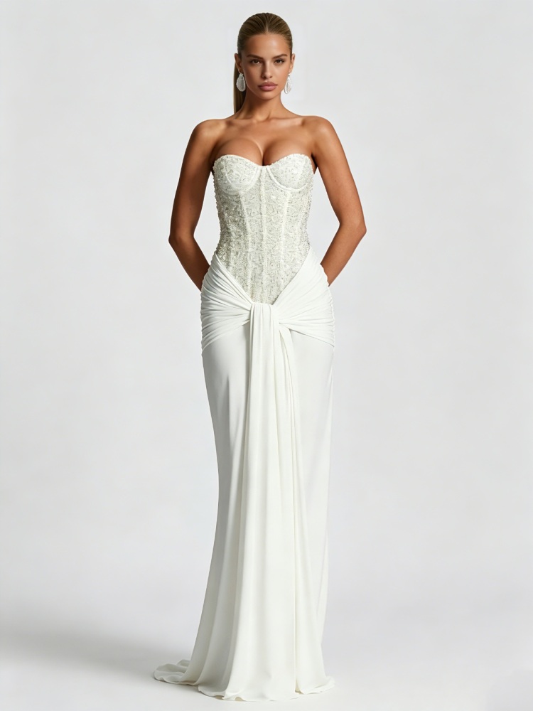 TWOTWINSTYLE Strapless Patchwork Rhinestone Corset Knotted Chic Dress