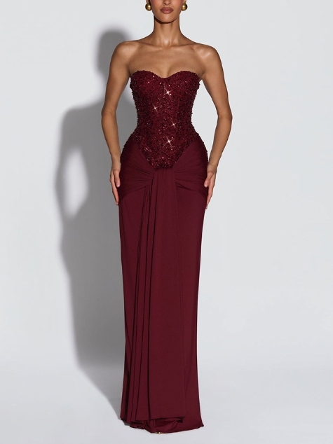 TWOTWINSTYLE Strapless Patchwork Rhinestone Corset Knotted Chic Dress