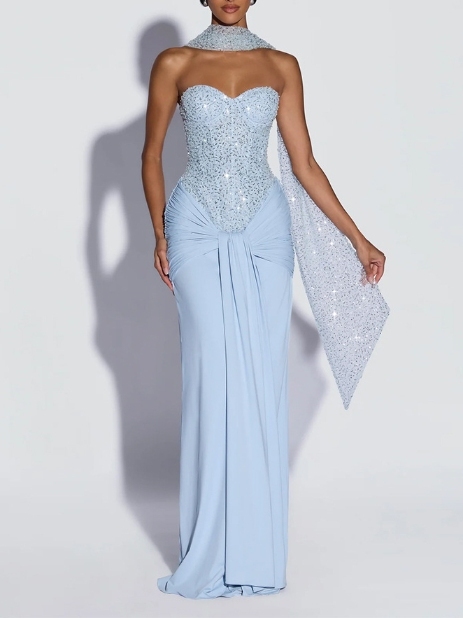 TWOTWINSTYLE Strapless Patchwork Rhinestone Corset Knotted Chic Dress