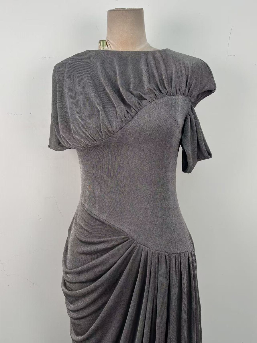 TWOTWINSTYLE Short Sleeve Draped Ruched Asymmetrical Maxi Dress