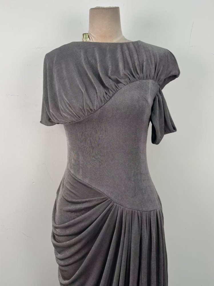 TWOTWINSTYLE Short Sleeve Draped Ruched Asymmetrical Maxi Dress