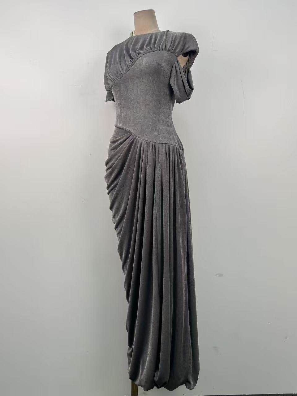 TWOTWINSTYLE Short Sleeve Draped Ruched Asymmetrical Maxi Dress