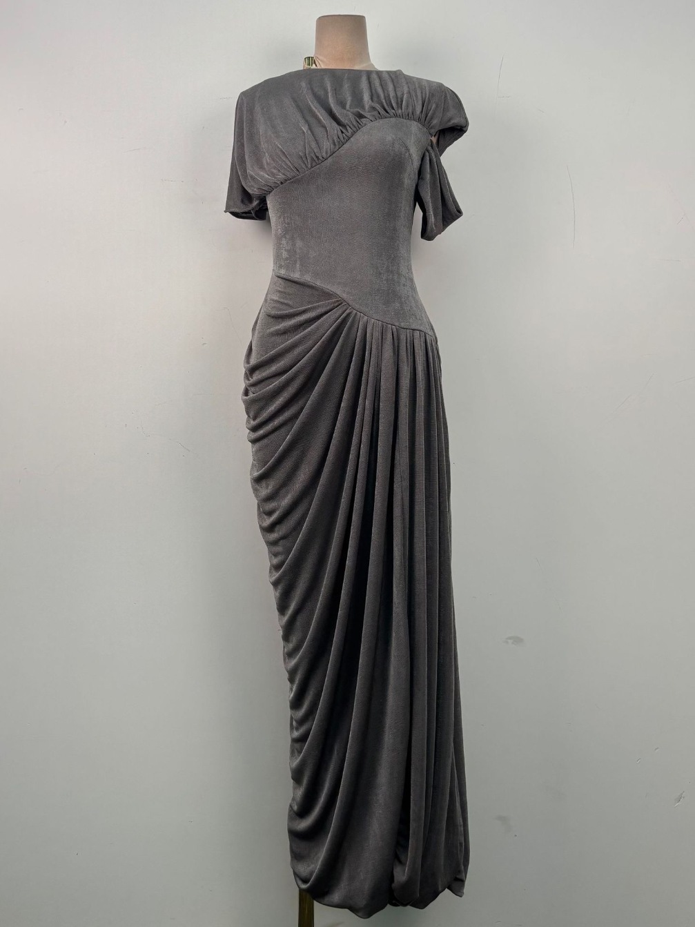 TWOTWINSTYLE Short Sleeve Draped Ruched Asymmetrical Maxi Dress