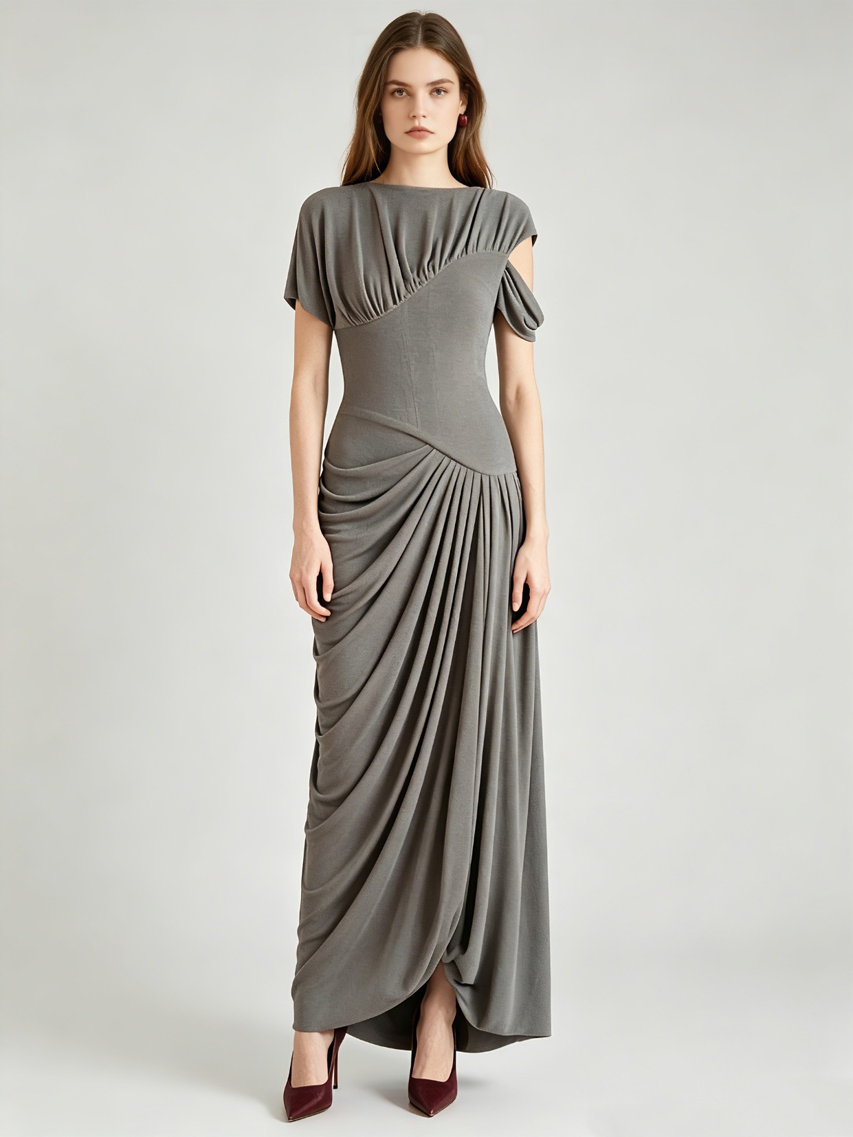TWOTWINSTYLE Short Sleeve Draped Ruched Asymmetrical Maxi Dress