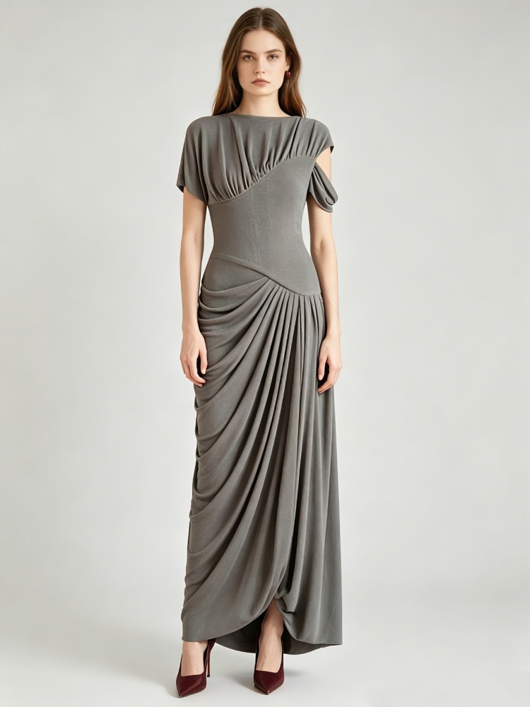 TWOTWINSTYLE Short Sleeve Draped Ruched Asymmetrical Maxi Dress