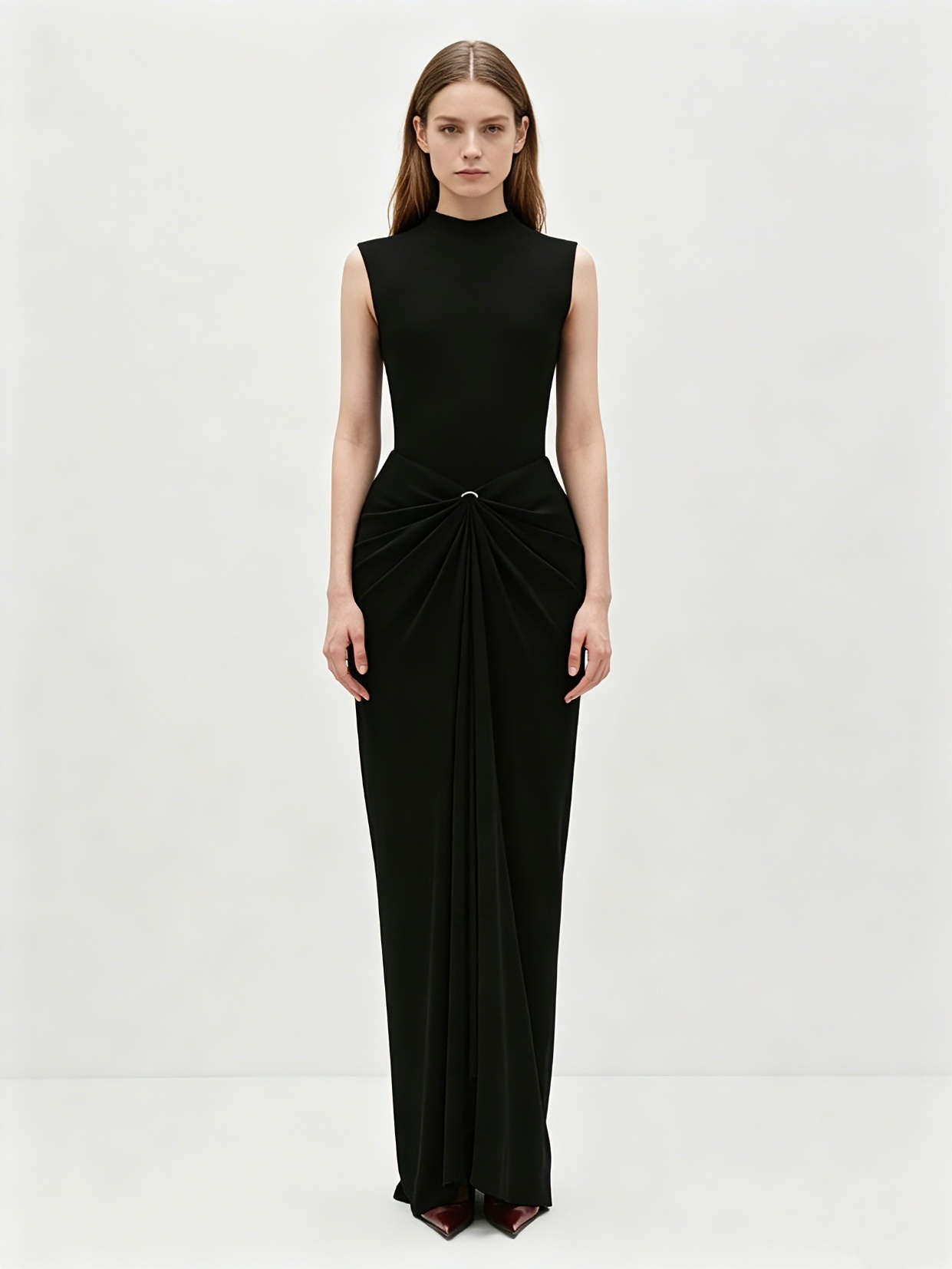 TWOTWINSTYLE Sleeveless High Neck Ring Twist Ruched Maxi Dress