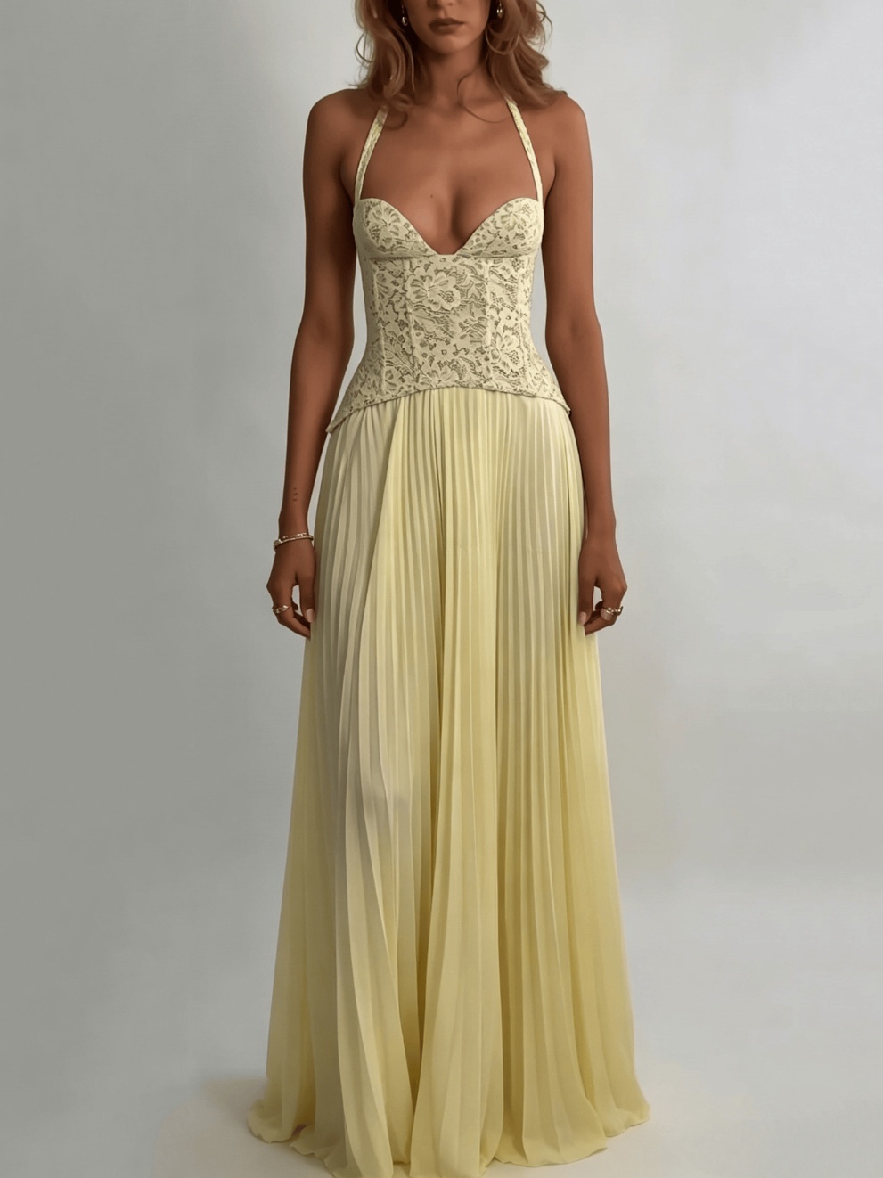 TWOTWINSTYLE Halter Lace Tunic Pleated Fashion Maxi Dress
