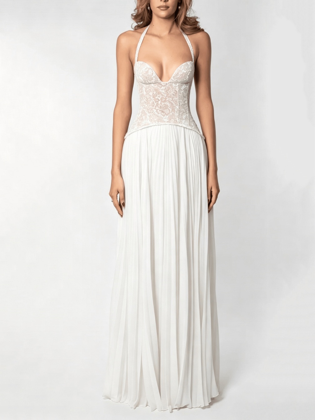 TWOTWINSTYLE Halter Lace Tunic Pleated Fashion Maxi Dress