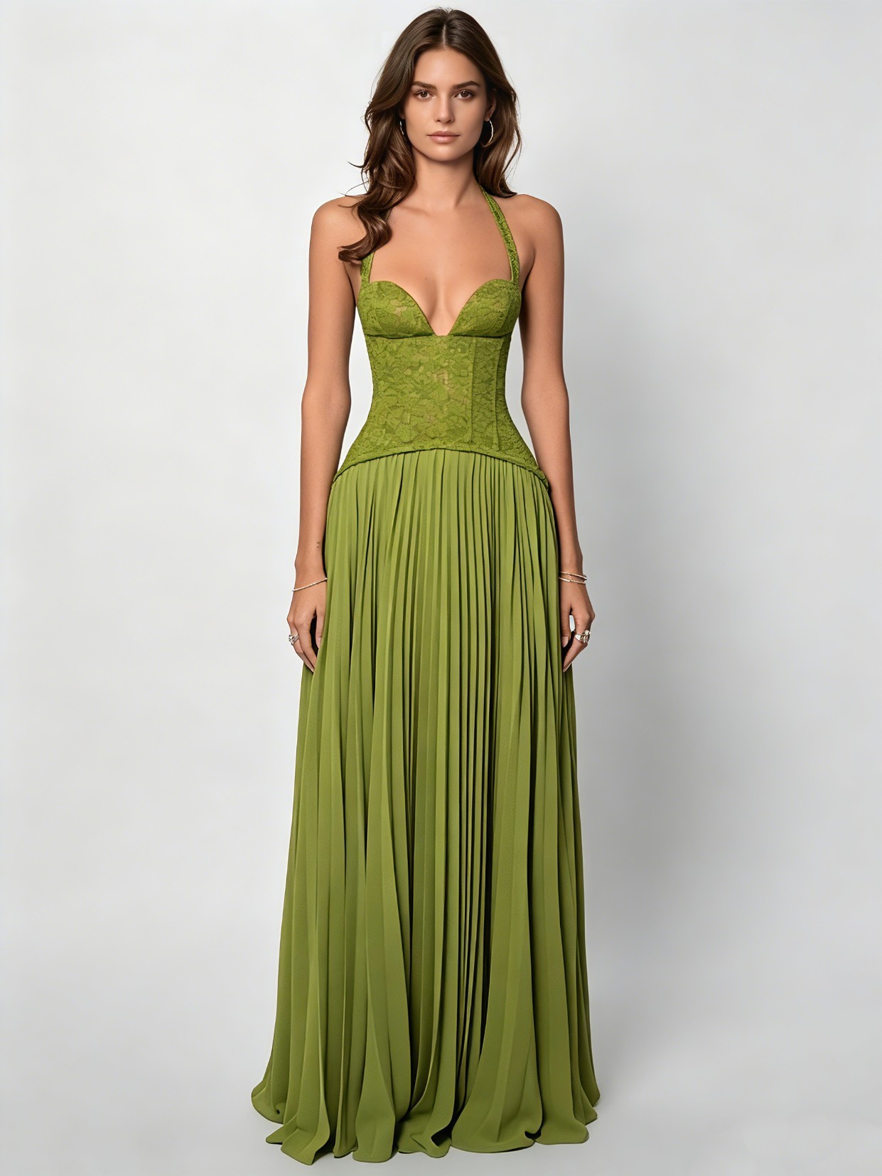 TWOTWINSTYLE Halter Lace Tunic Pleated Fashion Maxi Dress