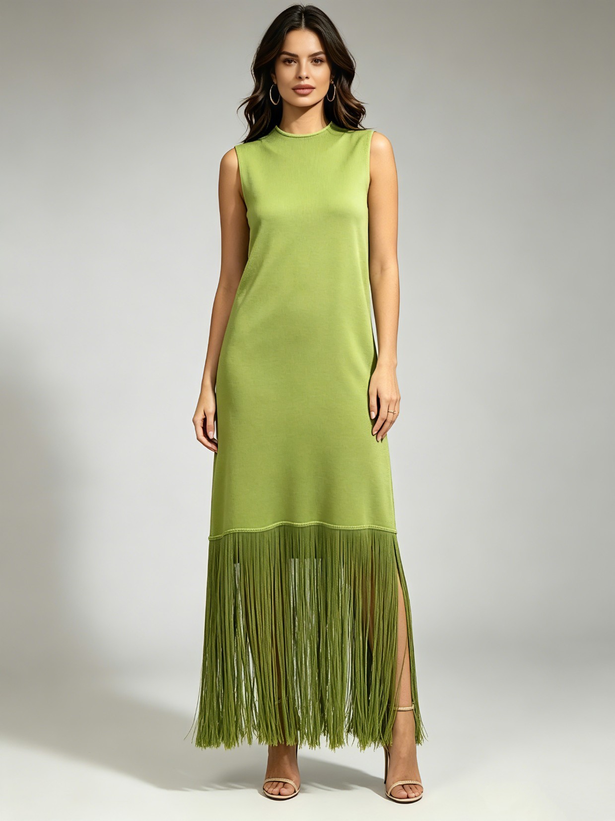 TWOTWINSTYLE Solid Sleeveless Spliced Tassel Fringe Side Slit Long Dress