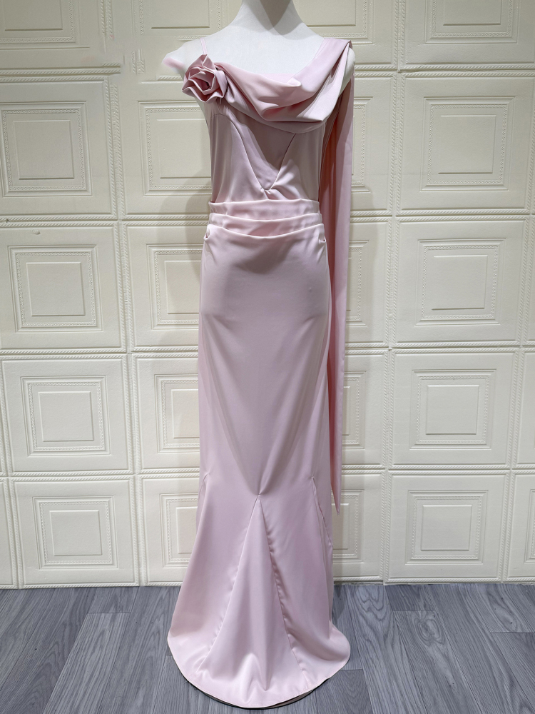 TWOTWINSTYLE 3D Flower Off One Shoulder Pleated Mermaid Maxi Dress
