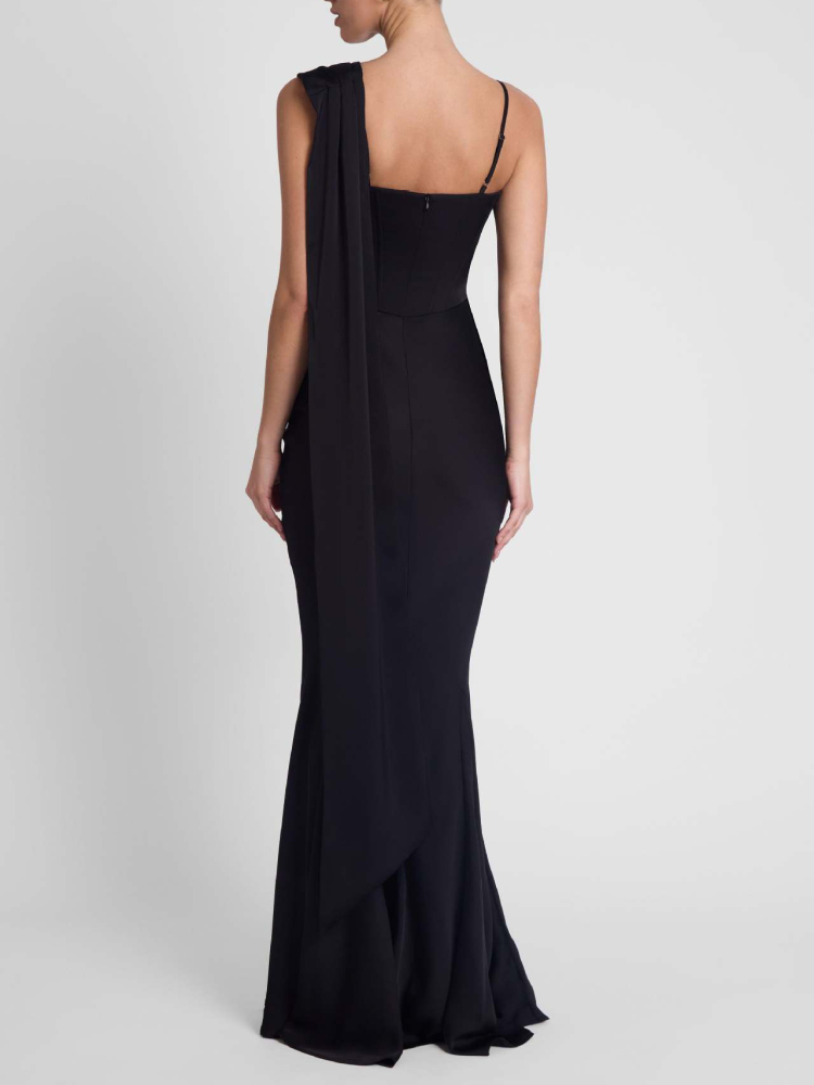 TWOTWINSTYLE 3D Flower Off One Shoulder Pleated Mermaid Maxi Dress