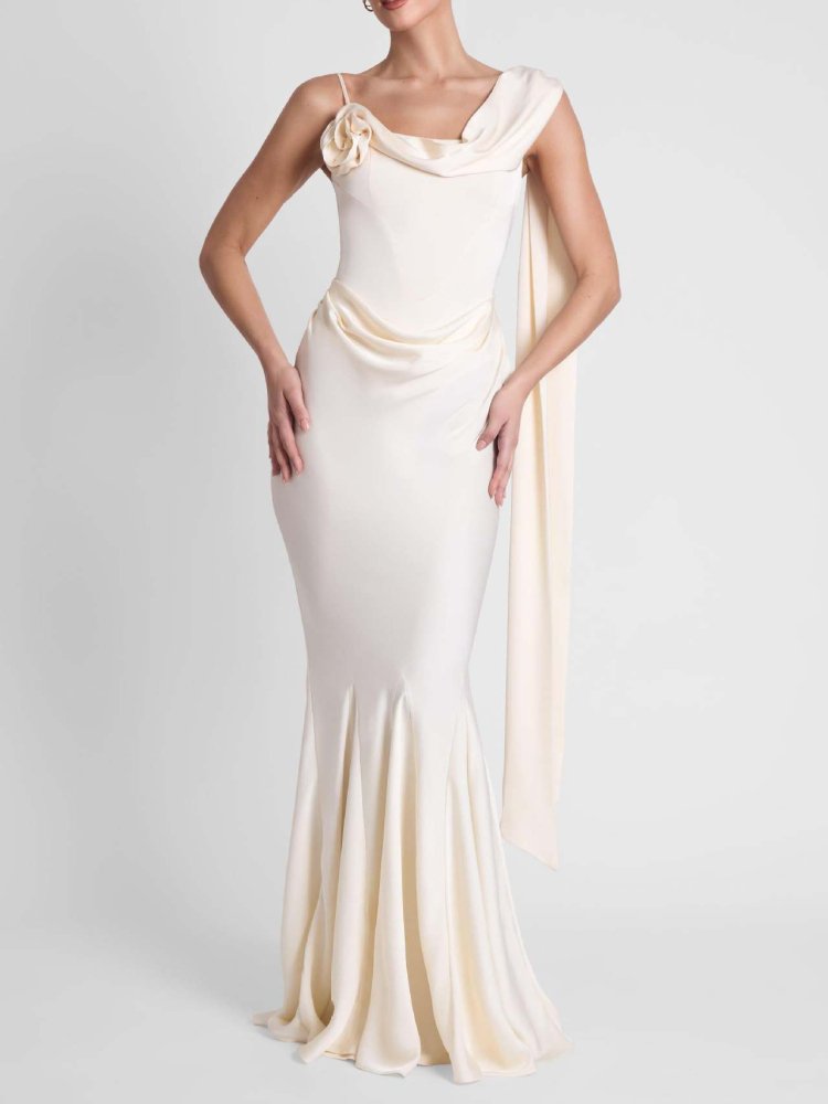 TWOTWINSTYLE 3D Flower Off One Shoulder Pleated Mermaid Maxi Dress