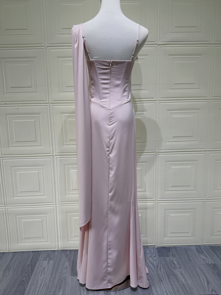 TWOTWINSTYLE 3D Flower Off One Shoulder Pleated Mermaid Maxi Dress