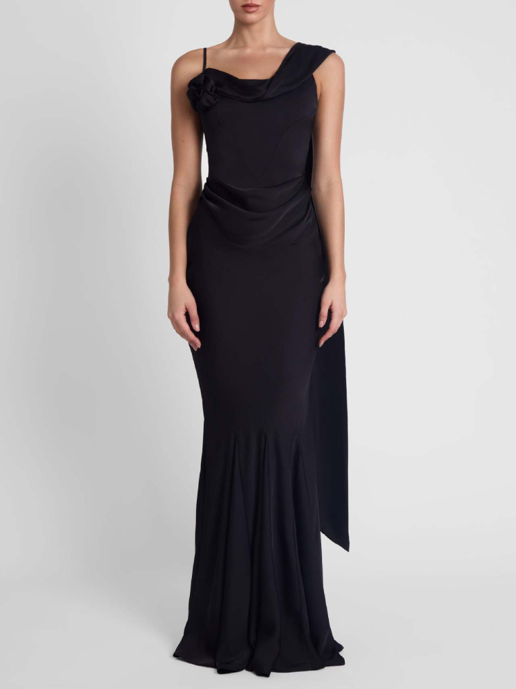 TWOTWINSTYLE 3D Flower Off One Shoulder Pleated Mermaid Maxi Dress