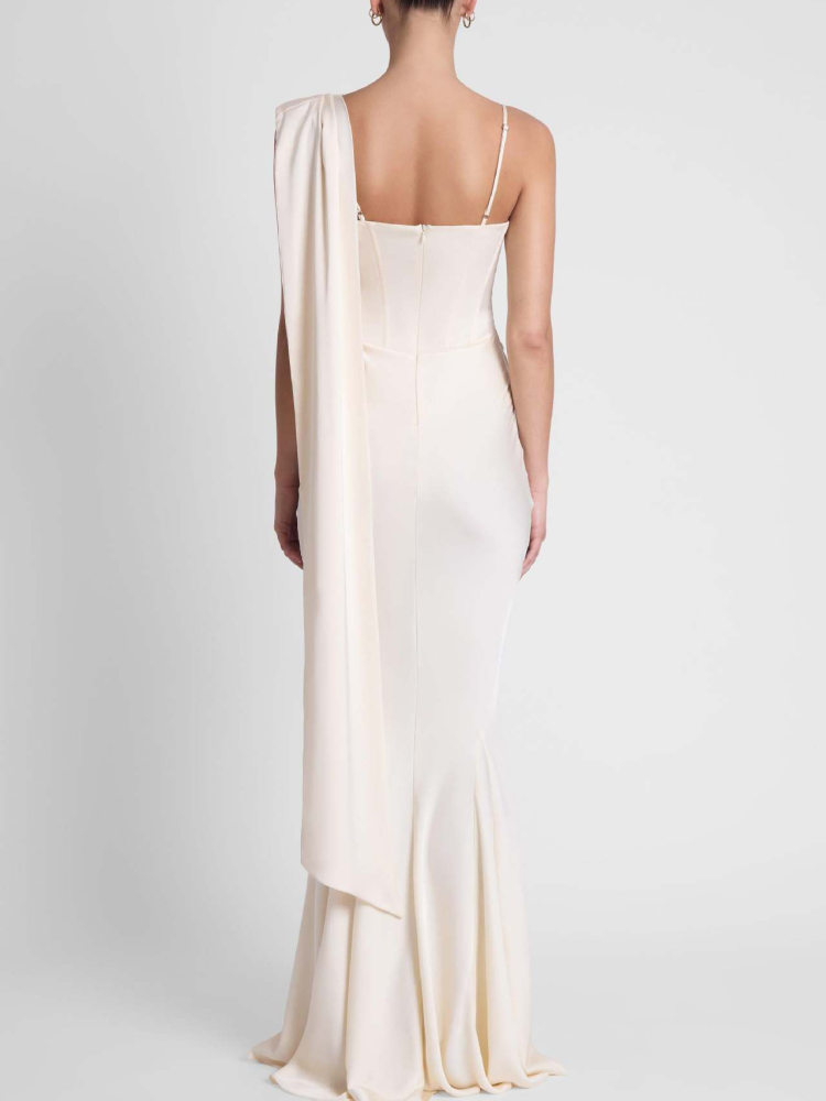 TWOTWINSTYLE 3D Flower Off One Shoulder Pleated Mermaid Maxi Dress