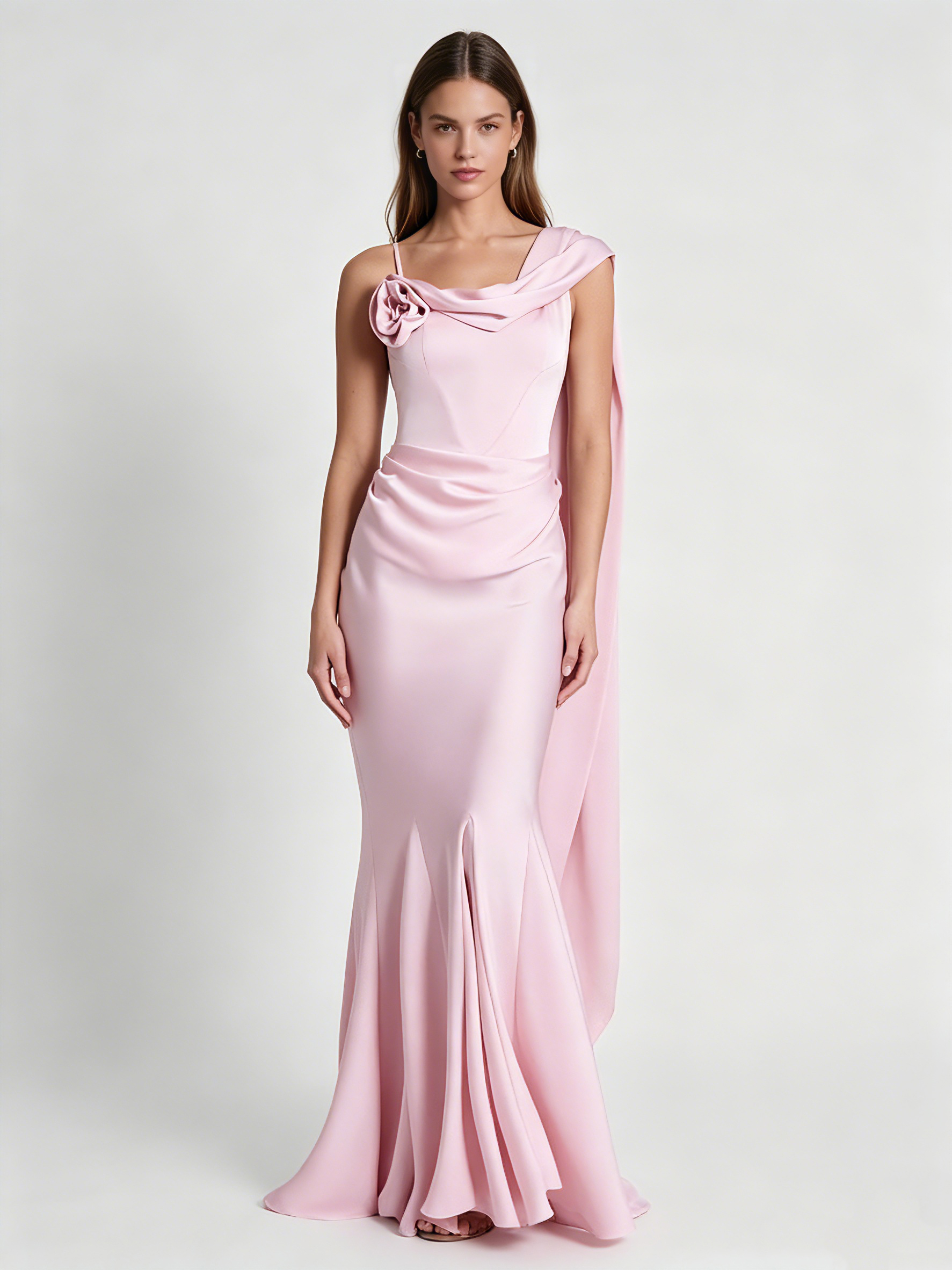 TWOTWINSTYLE 3D Flower Off One Shoulder Pleated Mermaid Maxi Dress