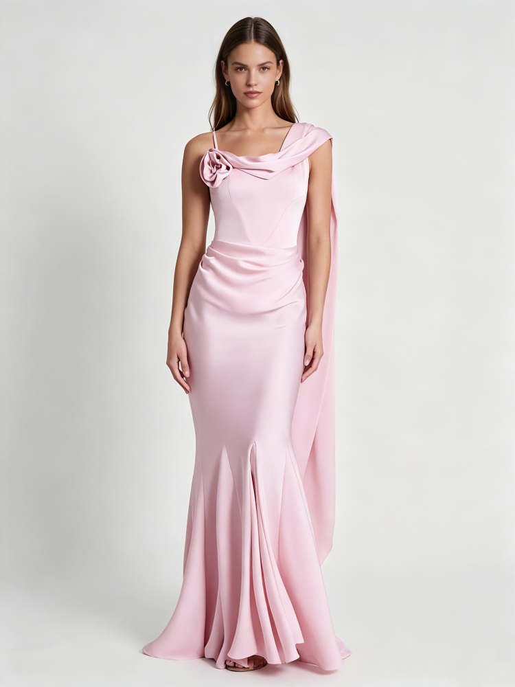 TWOTWINSTYLE 3D Flower Off One Shoulder Pleated Mermaid Maxi Dress
