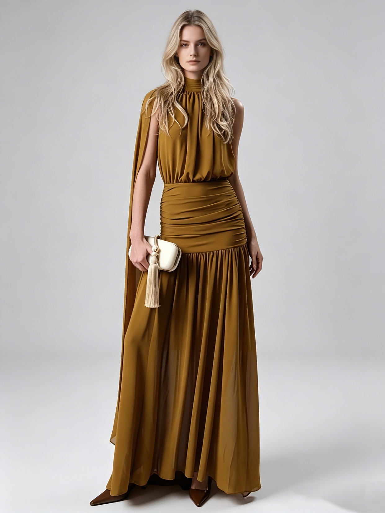 TWOTWINSTYLE High Neck Cape Sleeve Ruched Chiffon Chic Dress