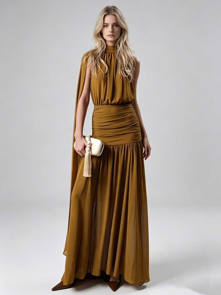 TWOTWINSTYLE High Neck Cape Sleeve Ruched Chiffon Chic Dress