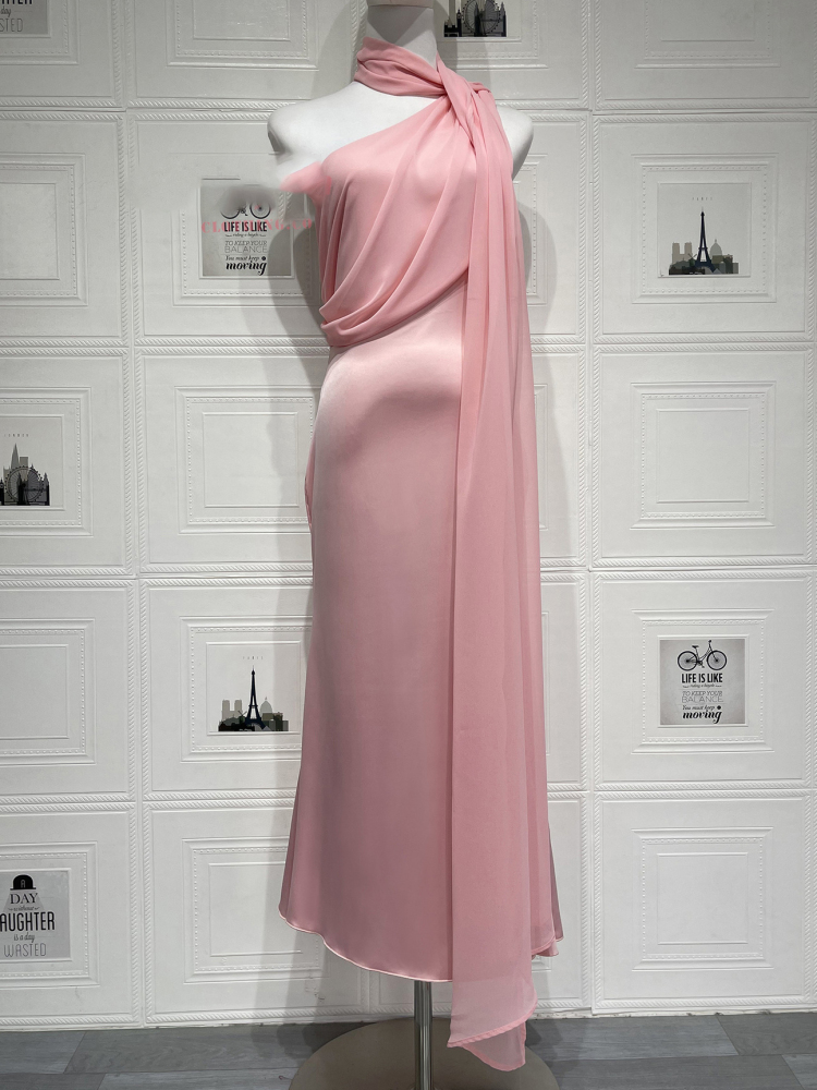 TWOTWINSTYLE Off One Shoulder Patchwork Satin Elegant Dress