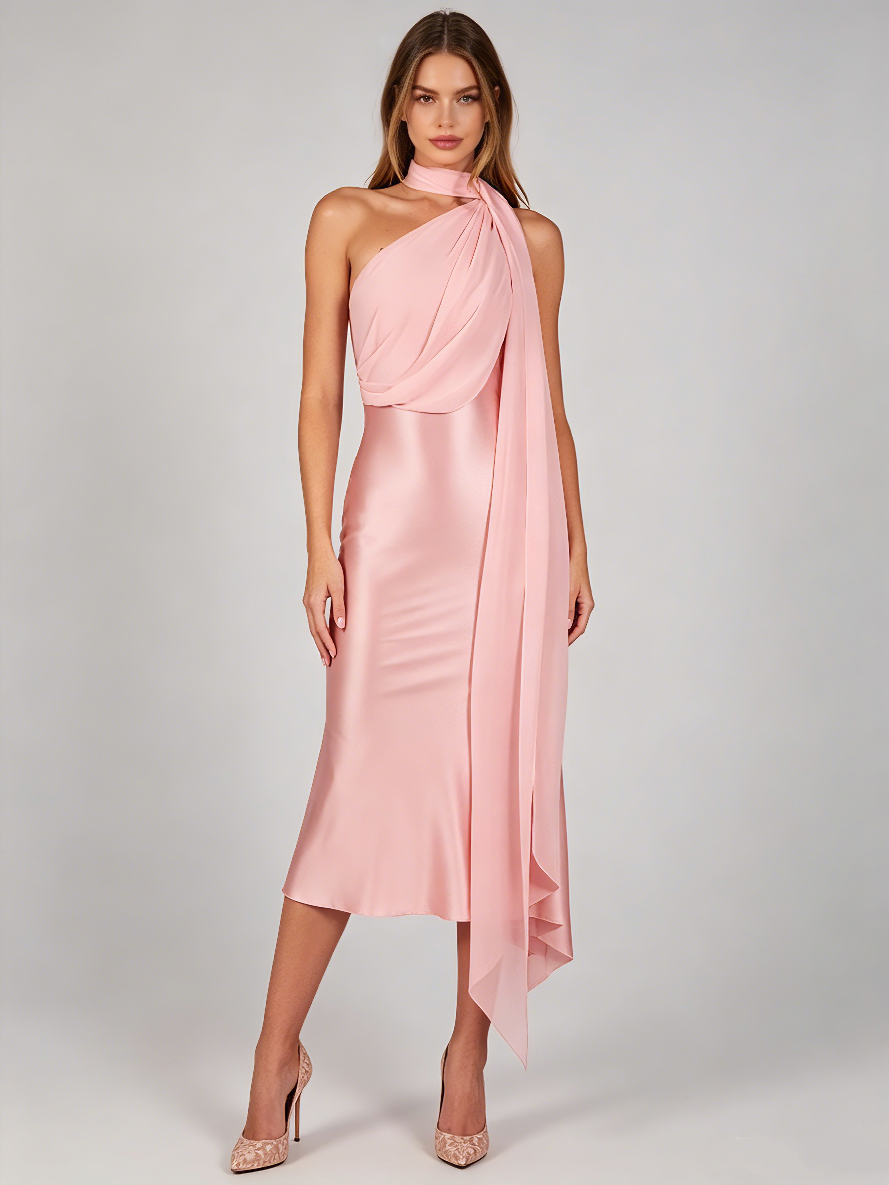 TWOTWINSTYLE Off One Shoulder Patchwork Satin Elegant Dress
