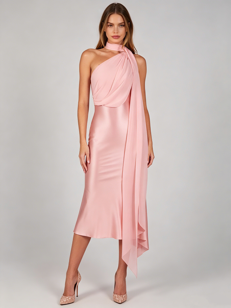 TWOTWINSTYLE Off One Shoulder Patchwork Satin Elegant Dress