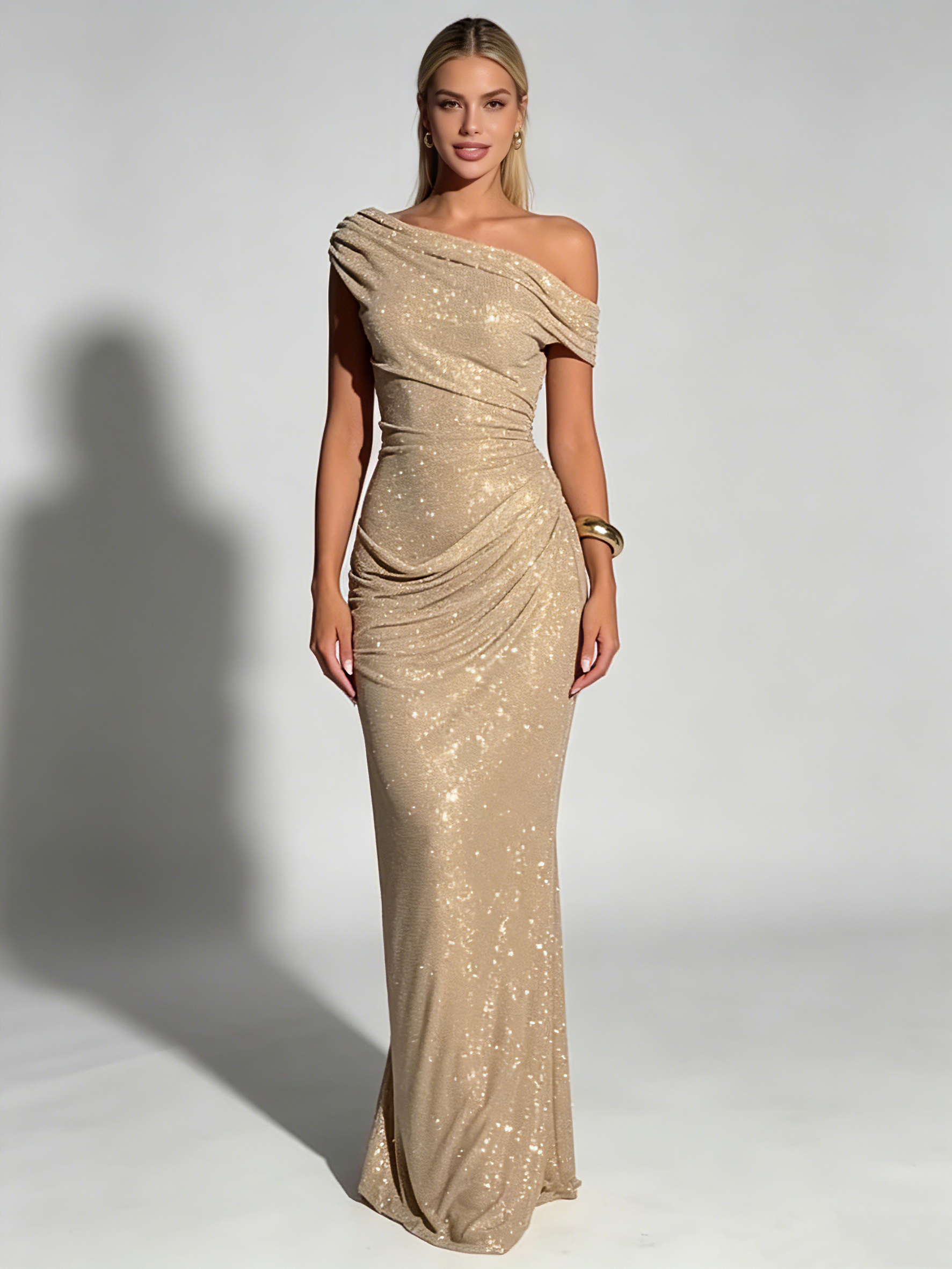 TWOTWINSTYLE Off Shoulder Tunic Patchwork Sequin Maxi Dress