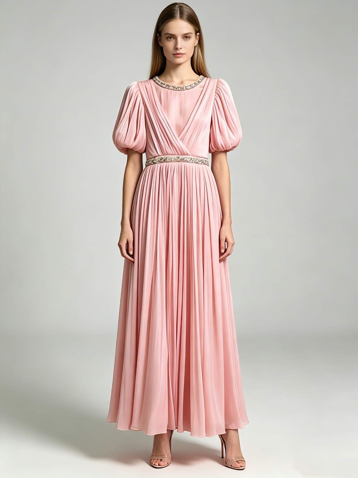 TWOTWINSTYLE Puff Sleeve Patchwork Rhinestone Belt Pleated Chic Dress