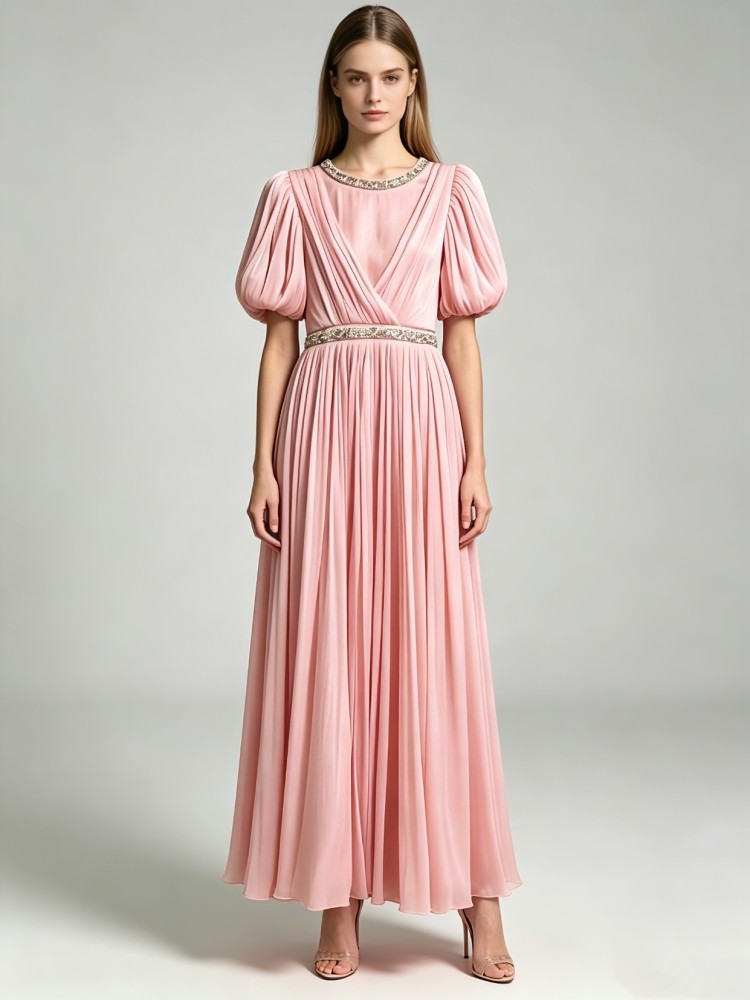 TWOTWINSTYLE Puff Sleeve Patchwork Rhinestone Belt Pleated Chic Dress