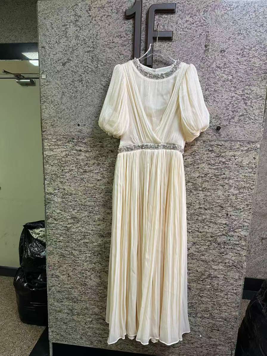 TWOTWINSTYLE Puff Sleeve Patchwork Rhinestone Belt Pleated Chic Dress