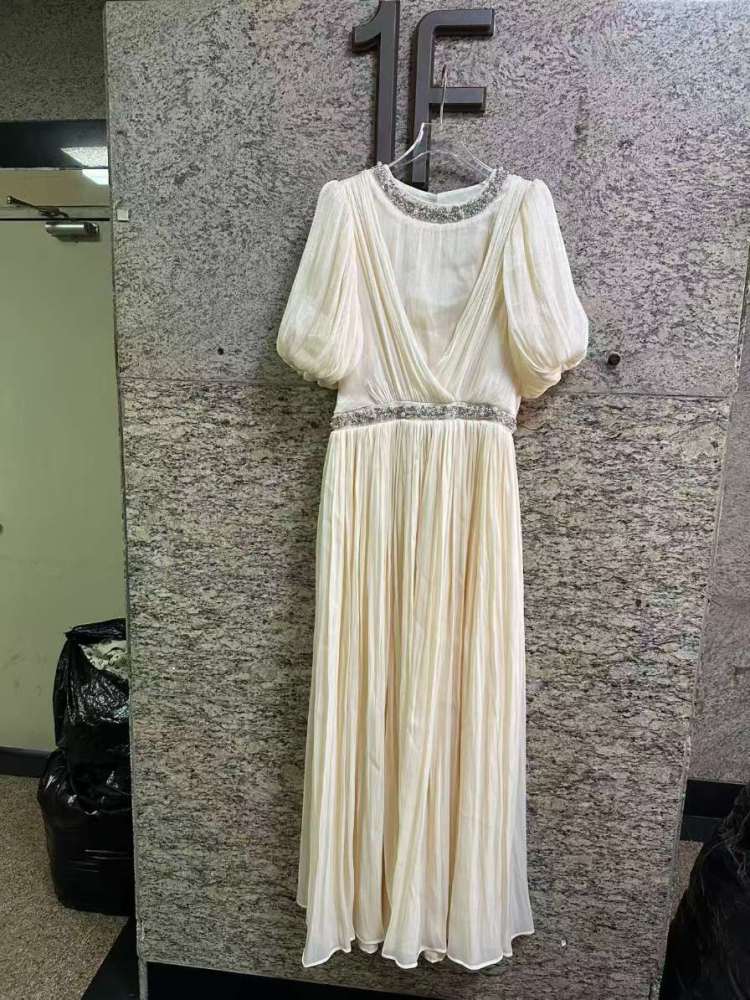 TWOTWINSTYLE Puff Sleeve Patchwork Rhinestone Belt Pleated Chic Dress