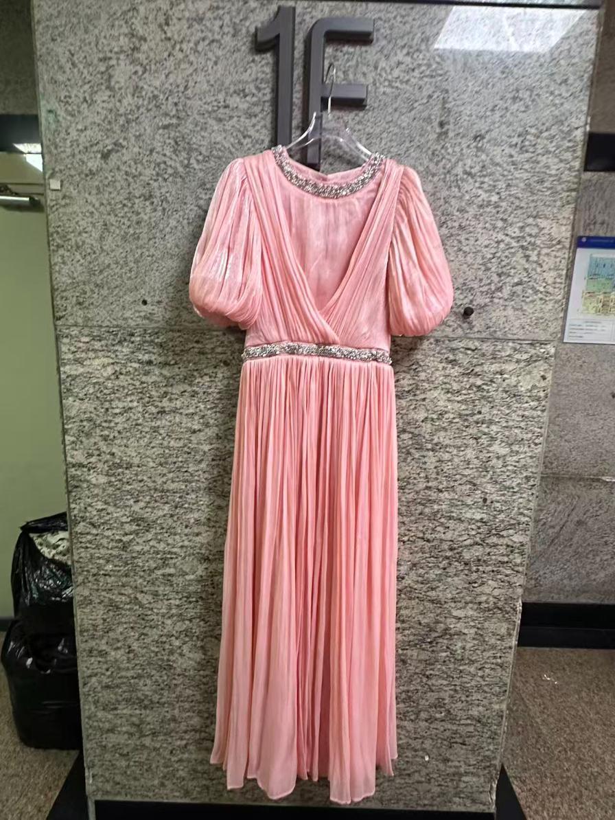 TWOTWINSTYLE Puff Sleeve Patchwork Rhinestone Belt Pleated Chic Dress