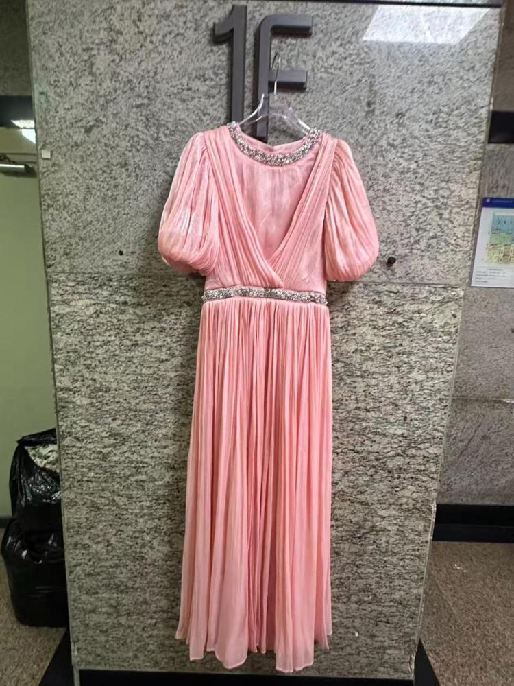 TWOTWINSTYLE Puff Sleeve Patchwork Rhinestone Belt Pleated Chic Dress