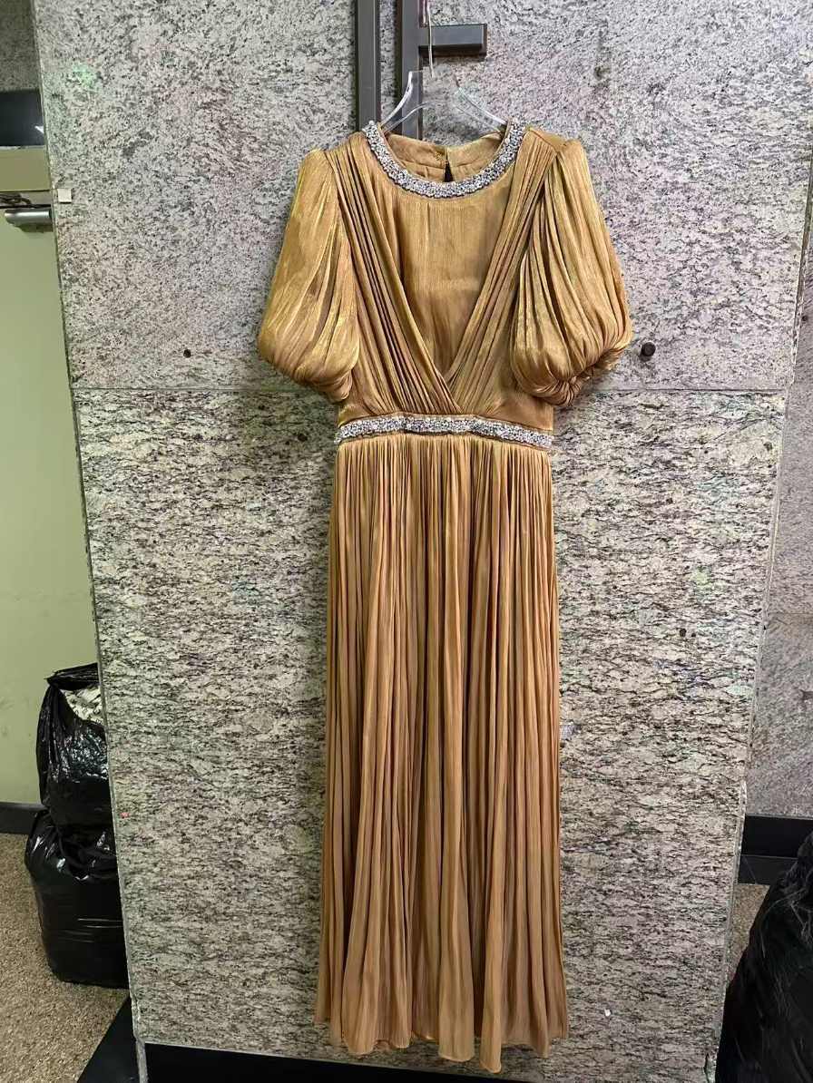 TWOTWINSTYLE Puff Sleeve Patchwork Rhinestone Belt Pleated Chic Dress