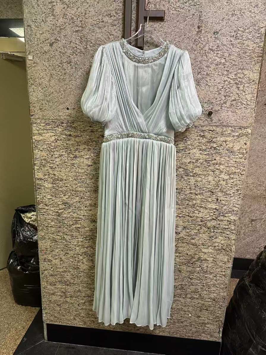 TWOTWINSTYLE Puff Sleeve Patchwork Rhinestone Belt Pleated Chic Dress