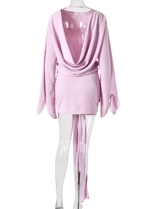 TWOTWINSTYLE Solid Bell Sleeve Waist Wrap Knot Elegant Dress