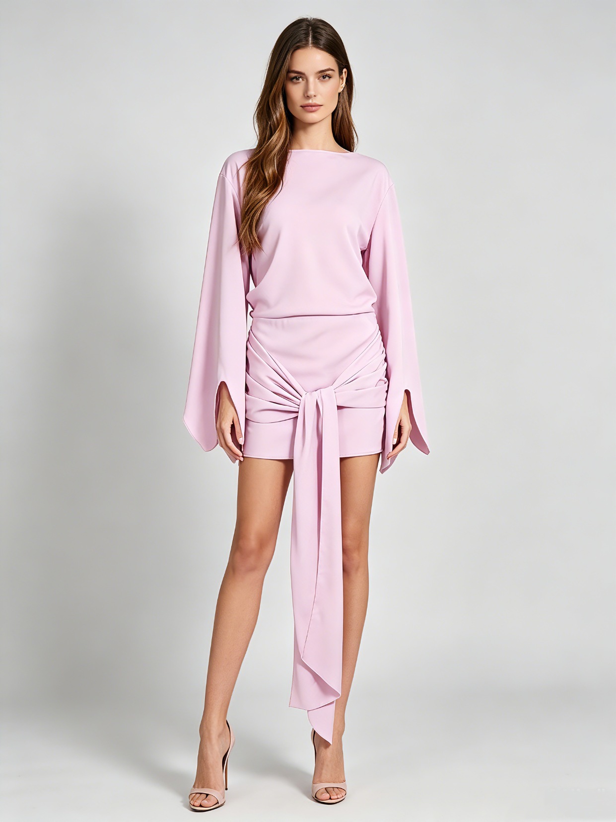 TWOTWINSTYLE Solid Bell Sleeve Waist Wrap Knot Elegant Dress