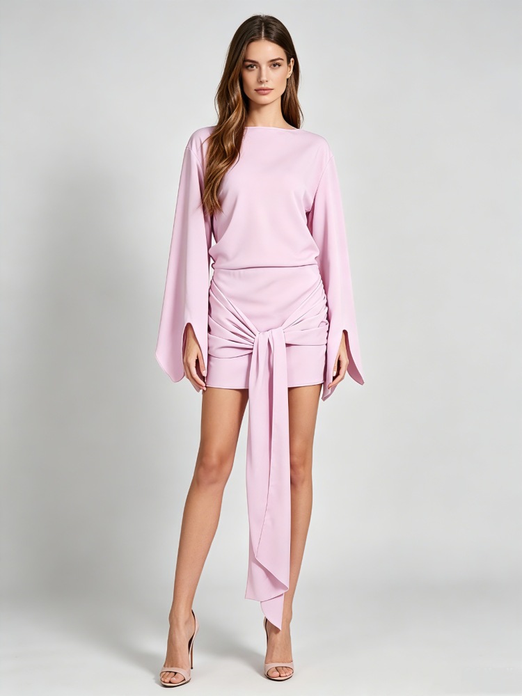 TWOTWINSTYLE Solid Bell Sleeve Waist Wrap Knot Elegant Dress